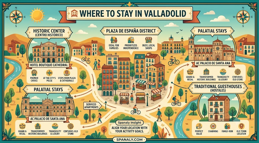 An illustrative infographic showcasing the best areas to stay in Valladolid, including the Historic Center, Plaza de España district, palatial stays, and traditional guesthouses for travelers.