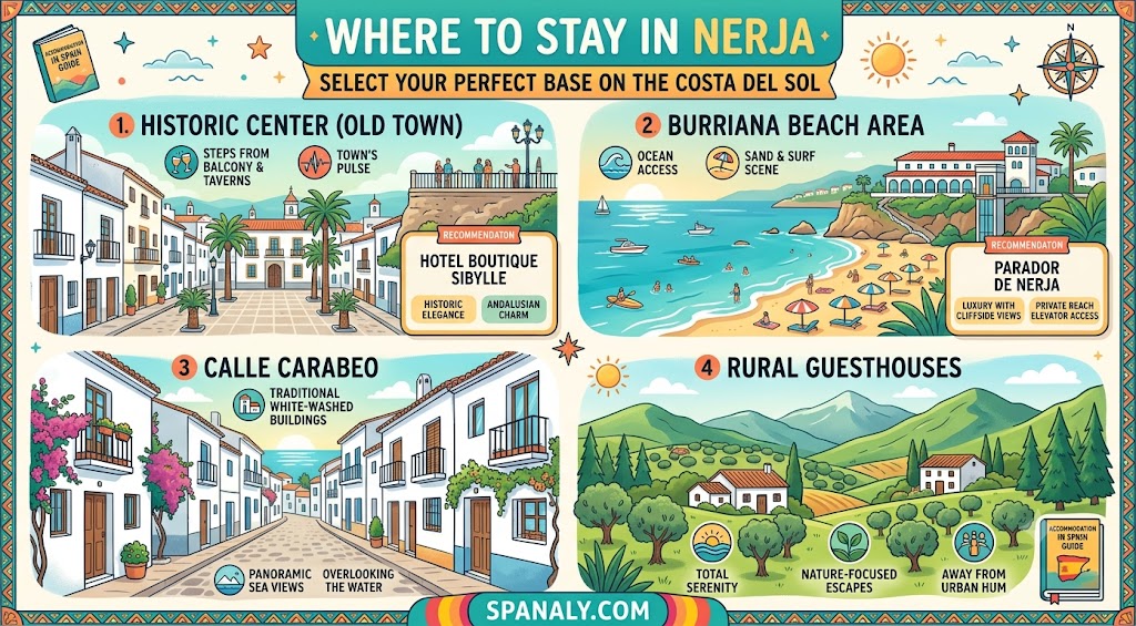 An infographic guide on where to stay in Nerja, Spain, highlighting the best neighborhoods like the Historic Center, Burriana Beach, Calle Carabeo, and rural areas for every travel style.