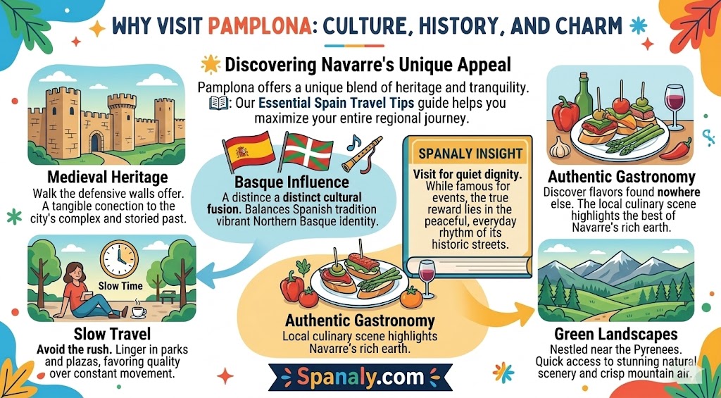Infographic showcasing why to visit Pamplona, highlighting its medieval heritage, Basque influence, authentic gastronomy, and stunning green landscapes near the Pyrenees.