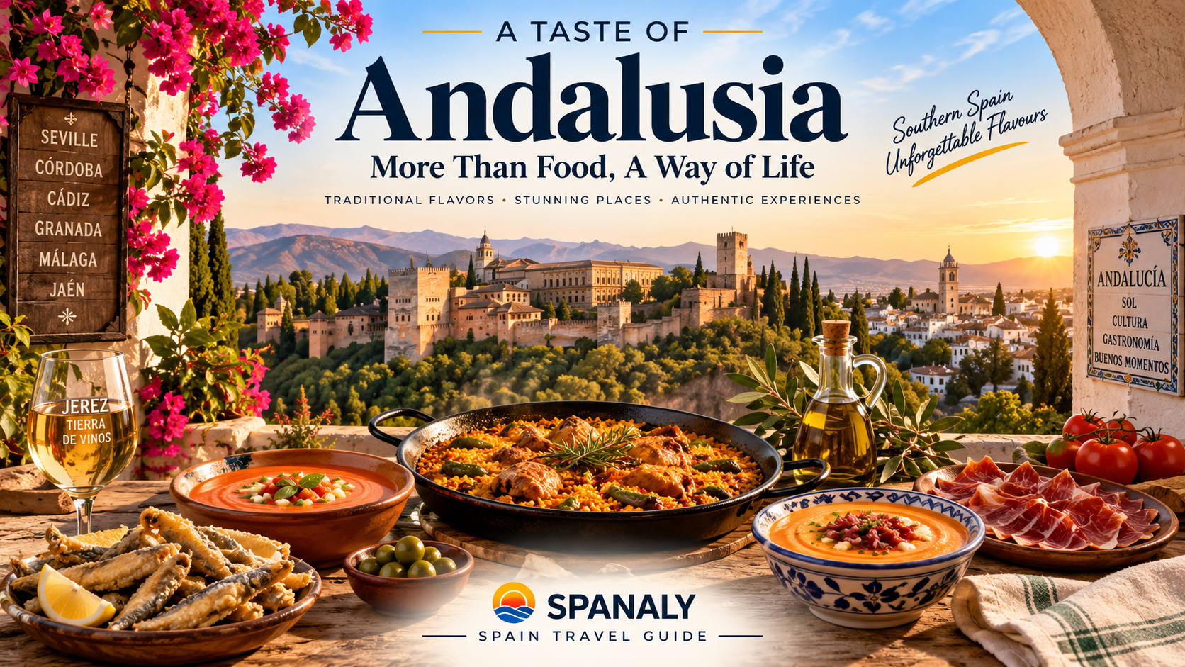 Traditional Andalusian food on a table with warm southern Spanish architecture