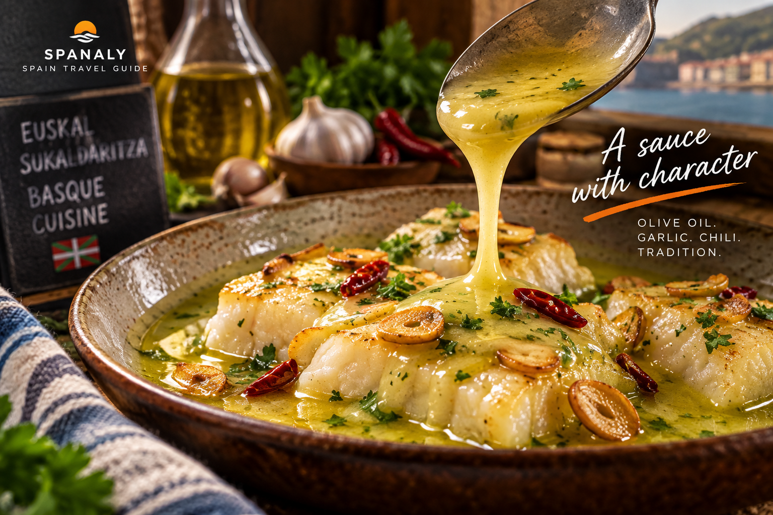 Bacalao al Pil Pil with silky olive oil sauce, garlic and chili