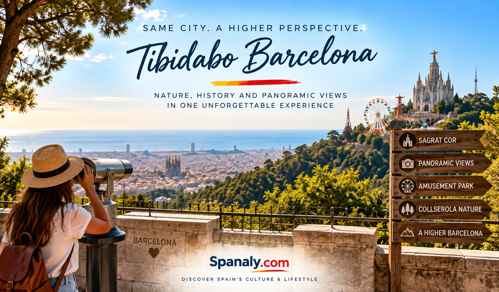 Barcelona skyline seen from Tibidabo with the mountain and Sagrat Cor