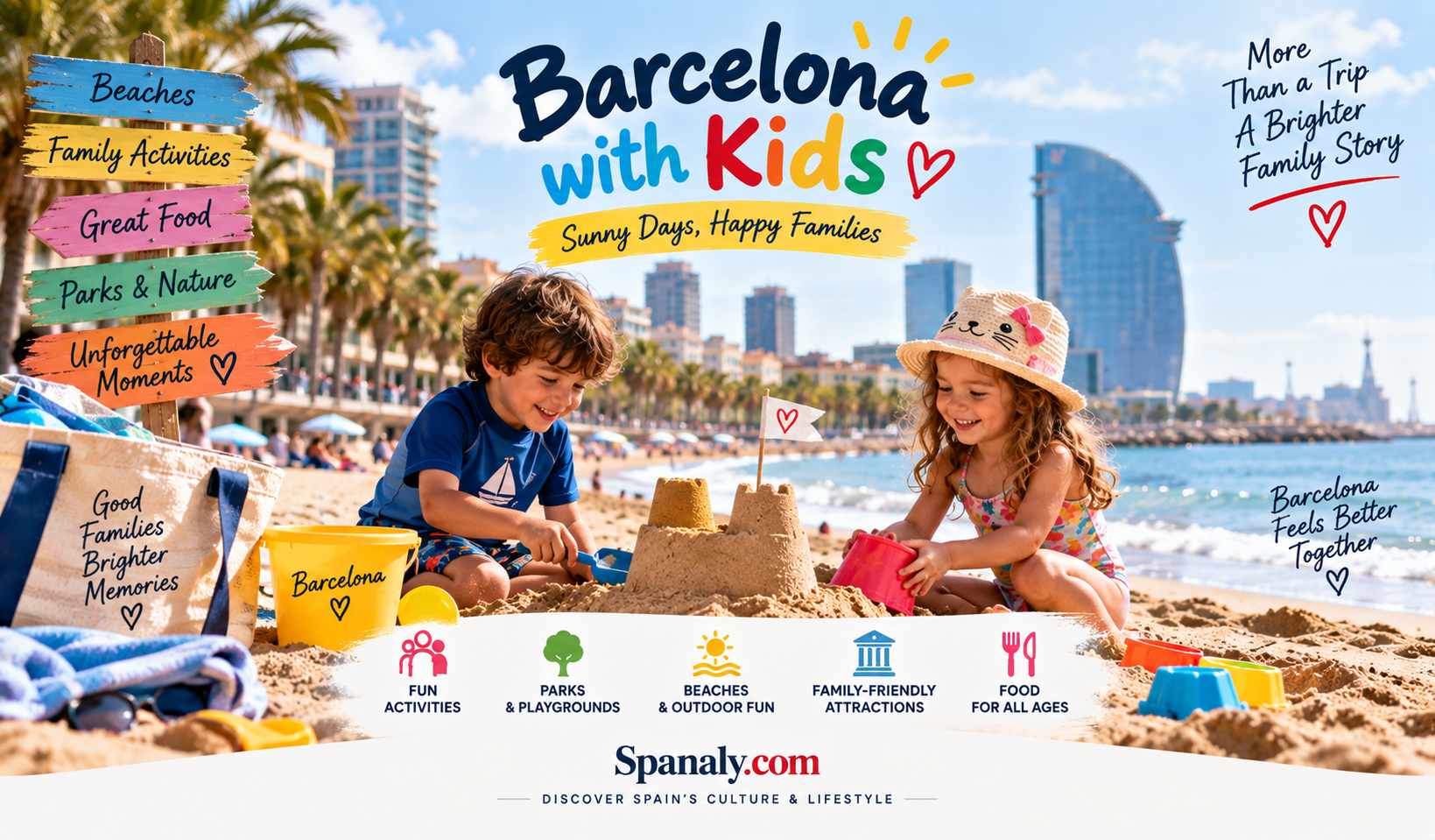 Colorful family-friendly Barcelona travel scene with children and Mediterranean details