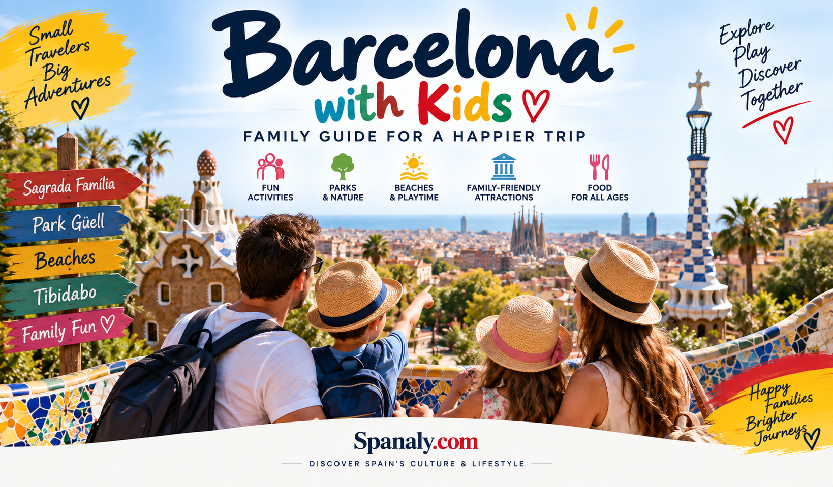 Family exploring Barcelona with children near colorful city landmarks