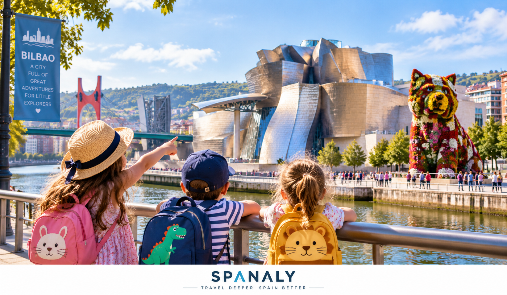 Family exploring Bilbao with kids near the Guggenheim Museum Puppy sculpture riverfront parks and city landmarks