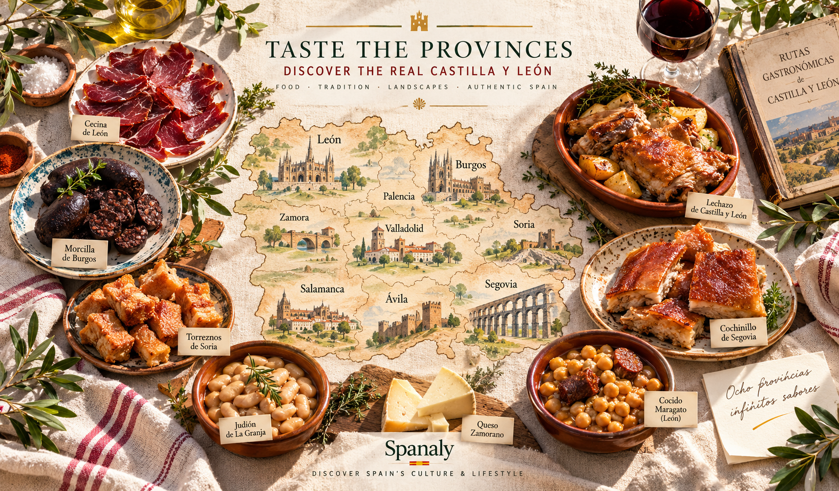 Castilla y León food guide featuring cochinillo, lechazo, cecina, morcilla, cheese and regional wine