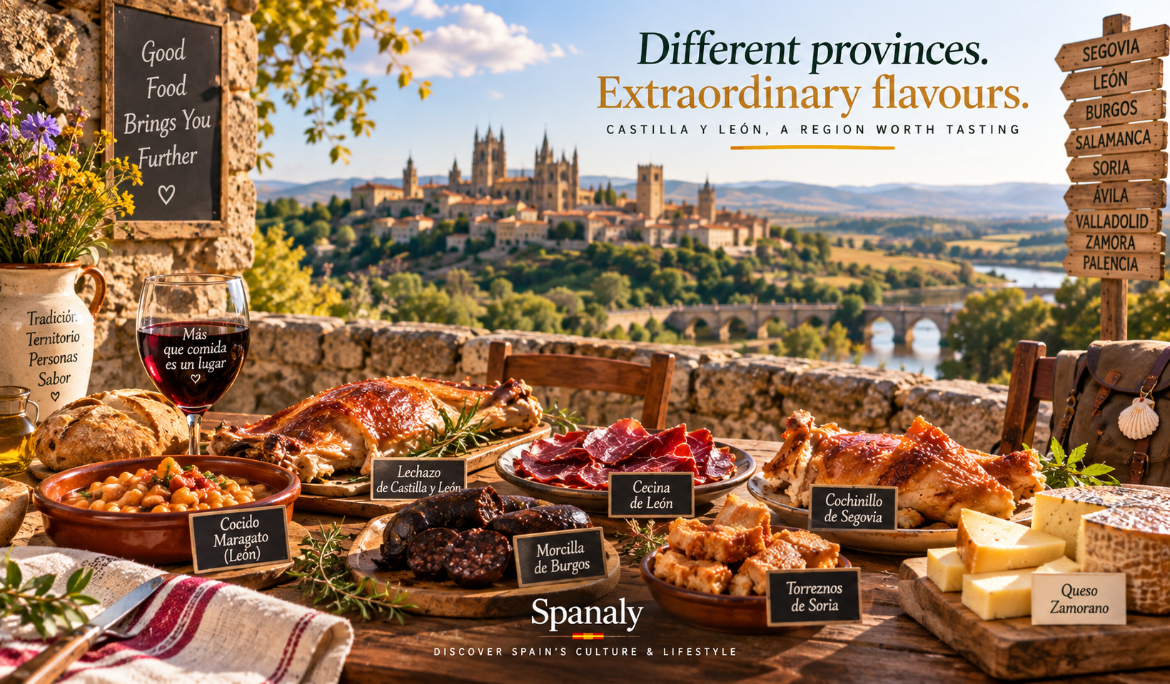 Castilla y León food landscape showing roast lamb, cured beef, morcilla, legumes, cheese and wine