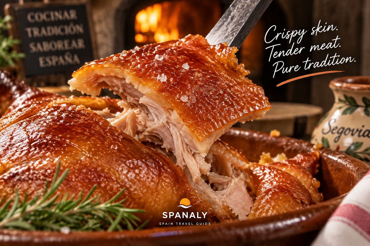 Crispy Cochinillo Asado with tender roasted meat in a traditional Segovian dish