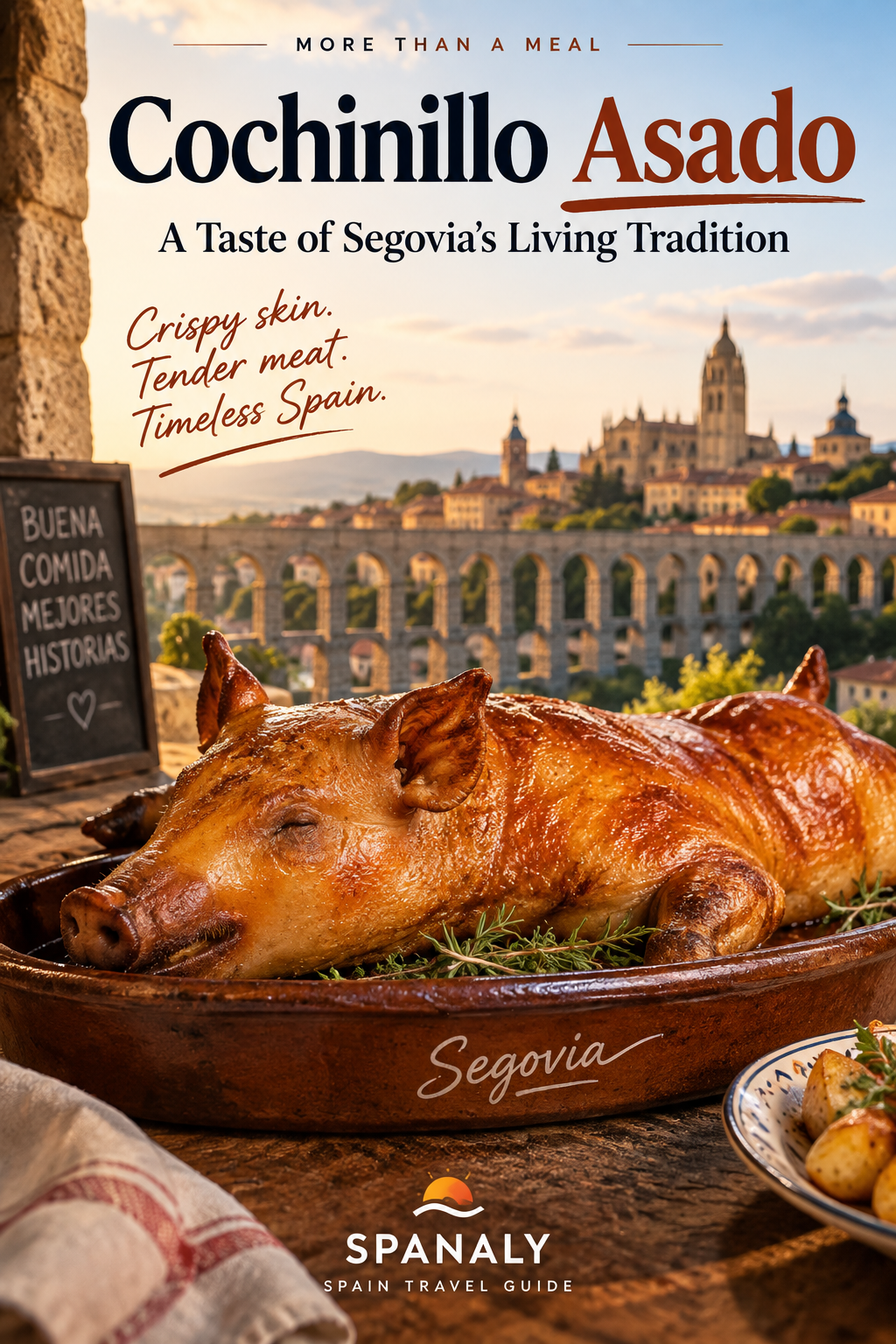 Cochinillo Asado, traditional roast suckling pig with Segovia in the background