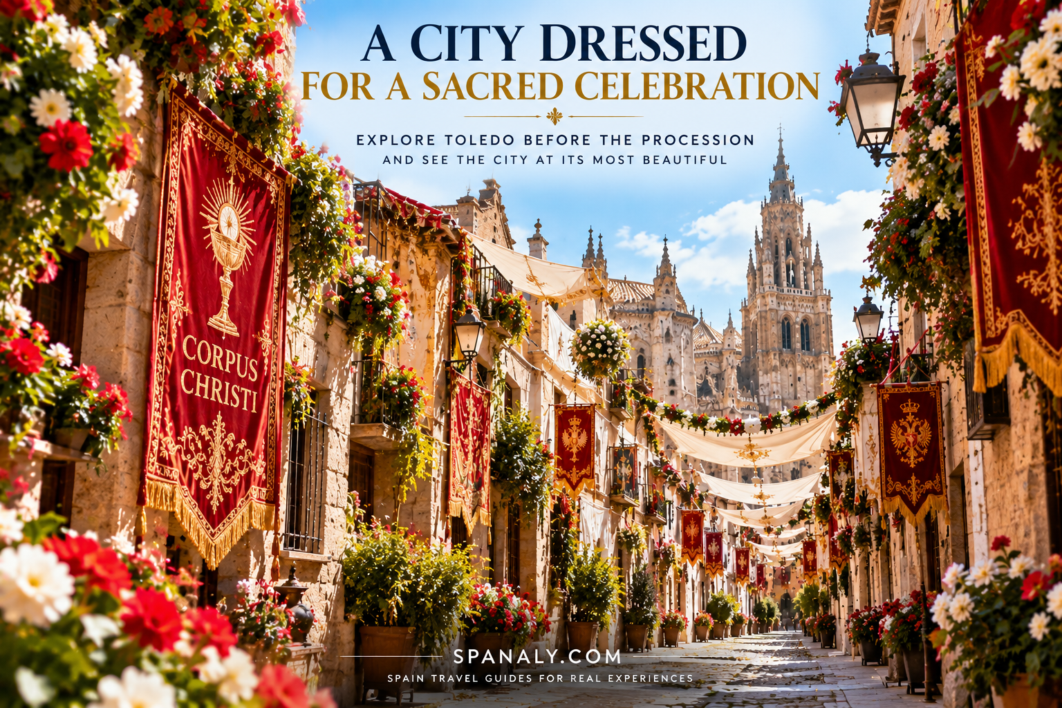 Decorated historic streets in Toledo prepared for Corpus Christi with awnings flowers and traditional festival decorations