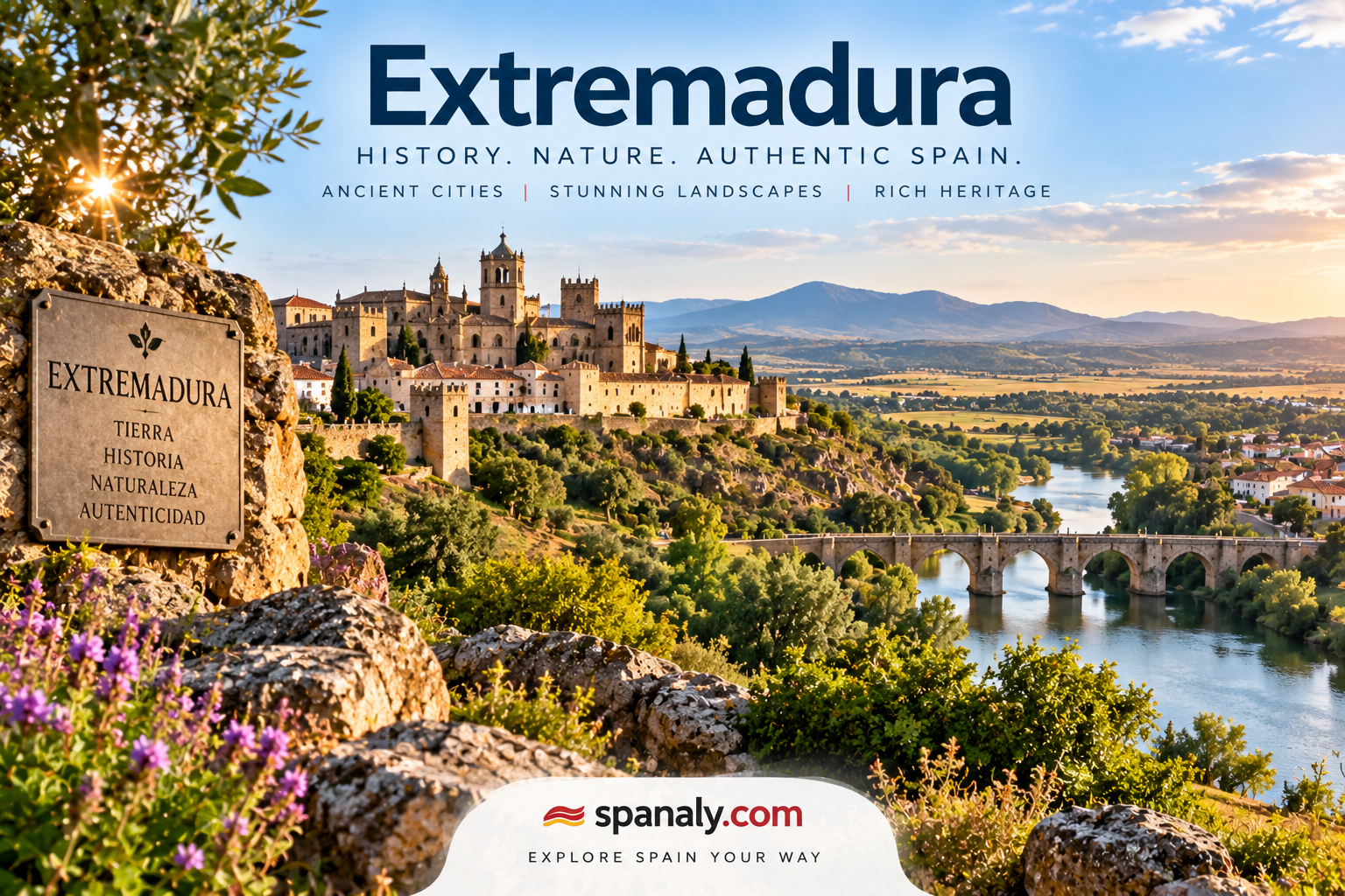 Scenic landscape of Extremadura with historic architecture, a stone bridge, river and surrounding Spanish countryside