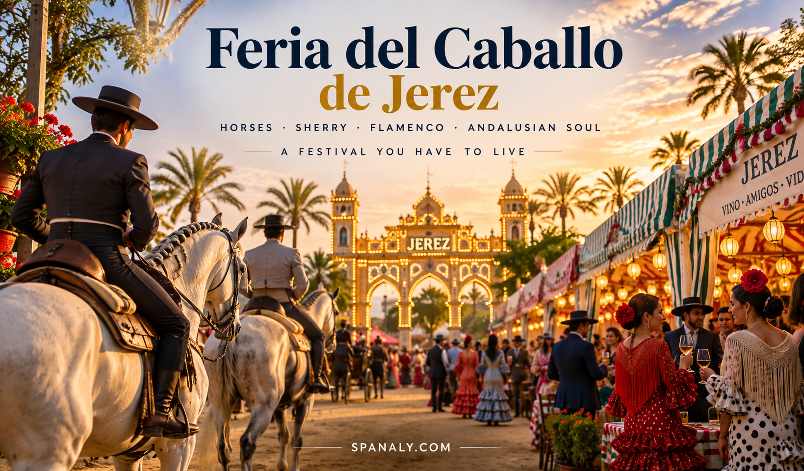 Feria del Caballo de Jerez with Andalusian horse riders, colorful casetas, flamenco dresses and the illuminated festival entrance at sunset