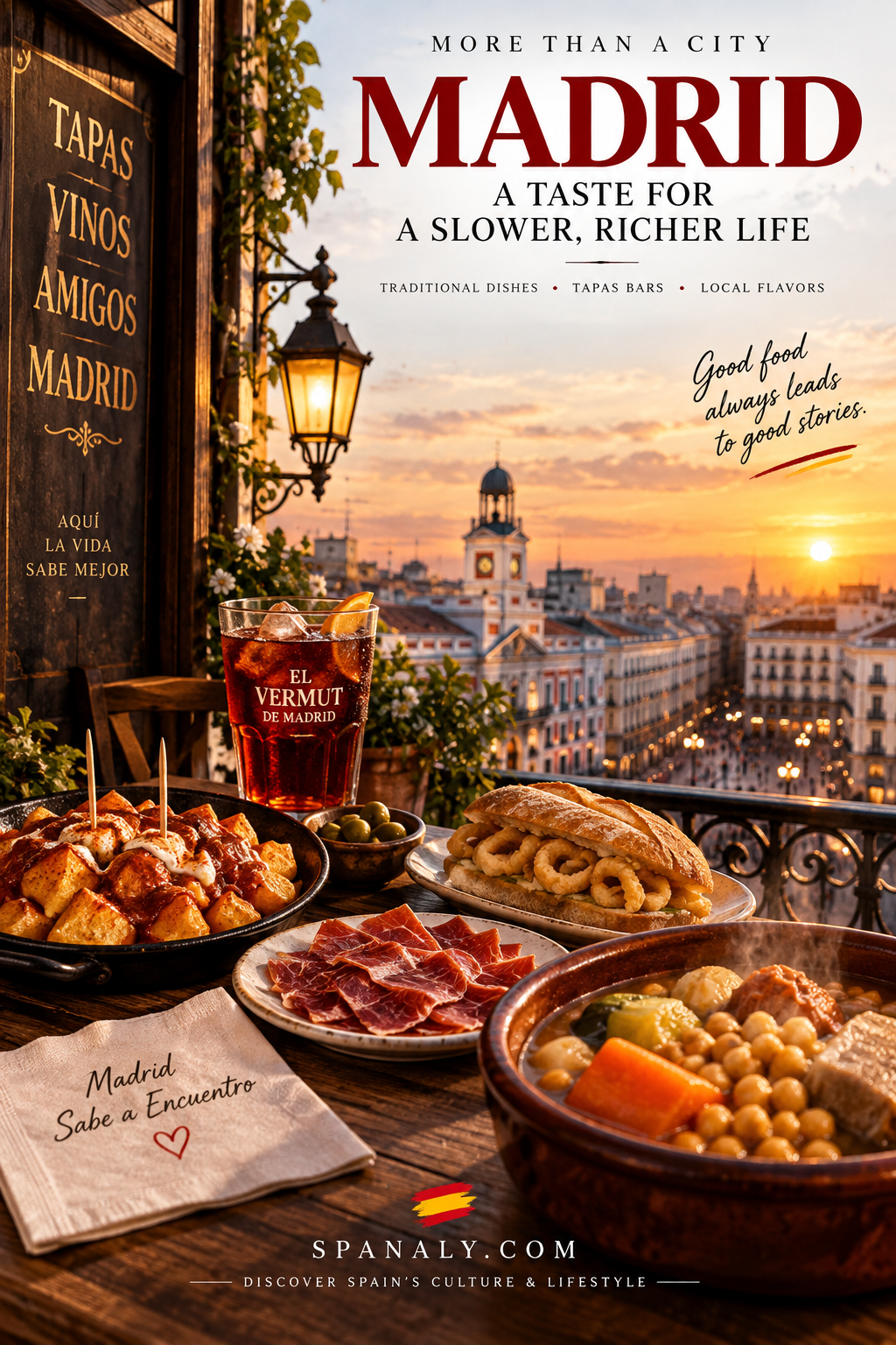 Madrid food guide featuring Cocido Madrileño, tapas, vermouth and traditional dishes over the Madrid skyline