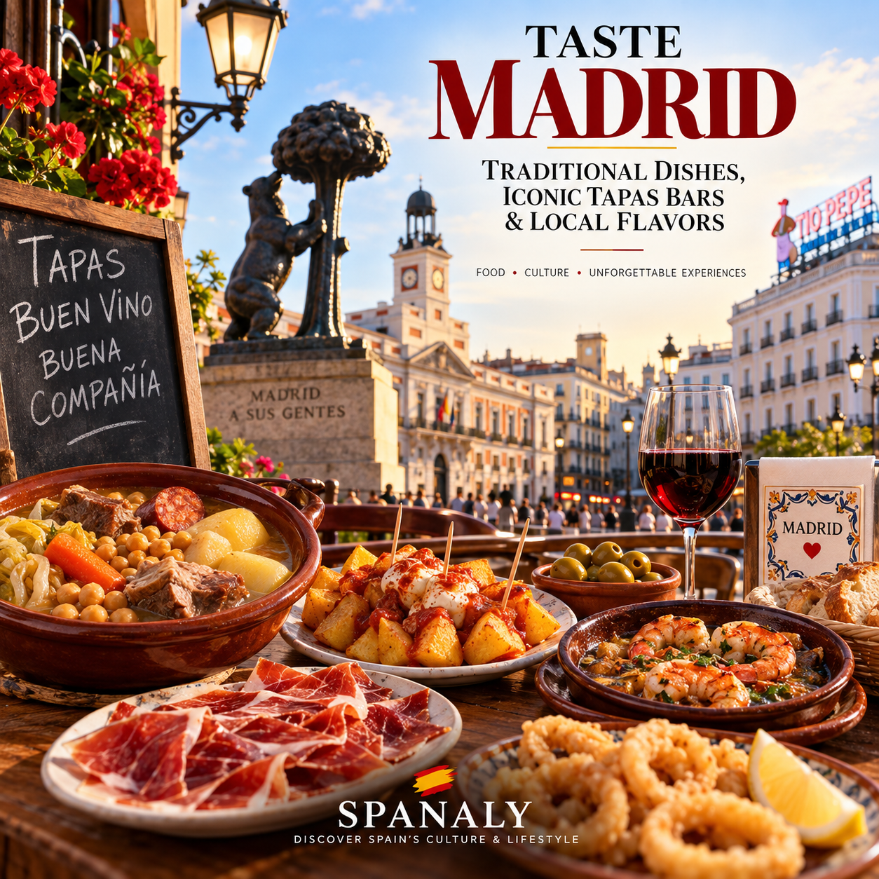 Madrid food guide featuring traditional tapas and Cocido Madrileño