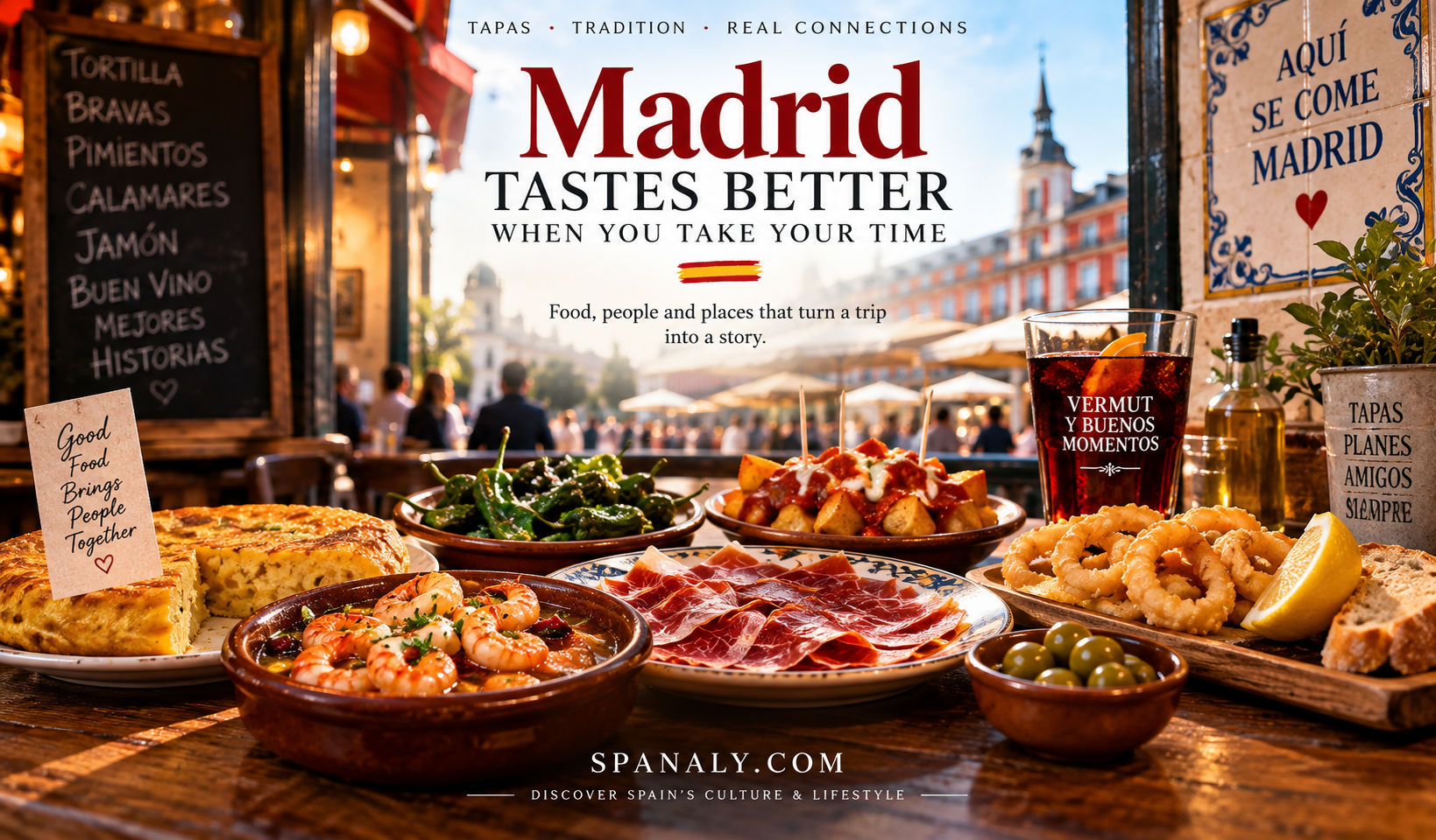 Madrid tapas table with tortilla, calamari, jamón and traditional Spanish dishes