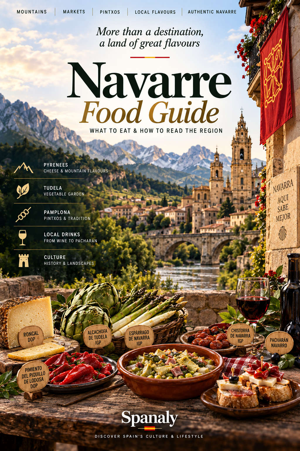 Traditional Navarre food with Piquillo peppers, Tudela vegetables, local cheese and regional dishes