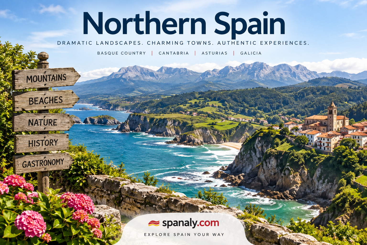 Scenic landscape of Northern Spain showcasing green mountains, dramatic coastline and distinctive regional travel scenery
