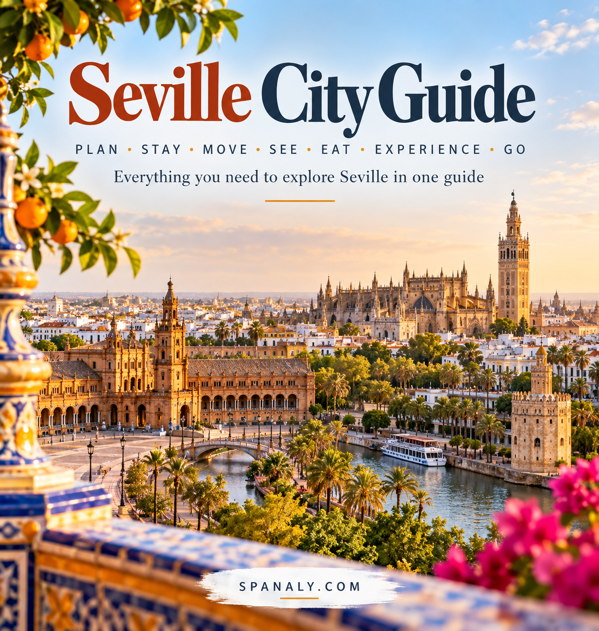 Panoramic view of Seville featuring its cathedral, historic architecture, and river