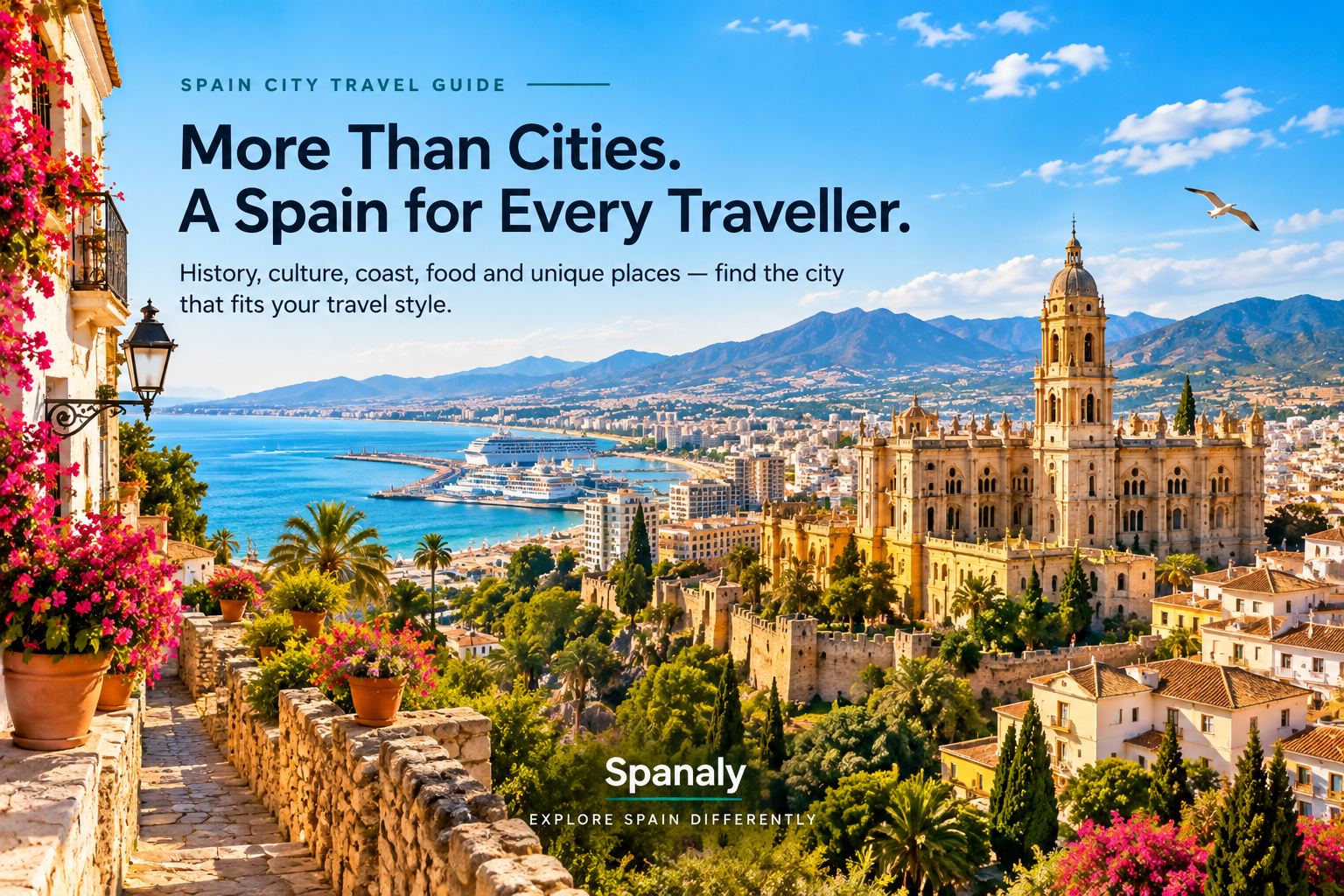 Illustrated Spanish city scene representing architecture history coast and different travel styles