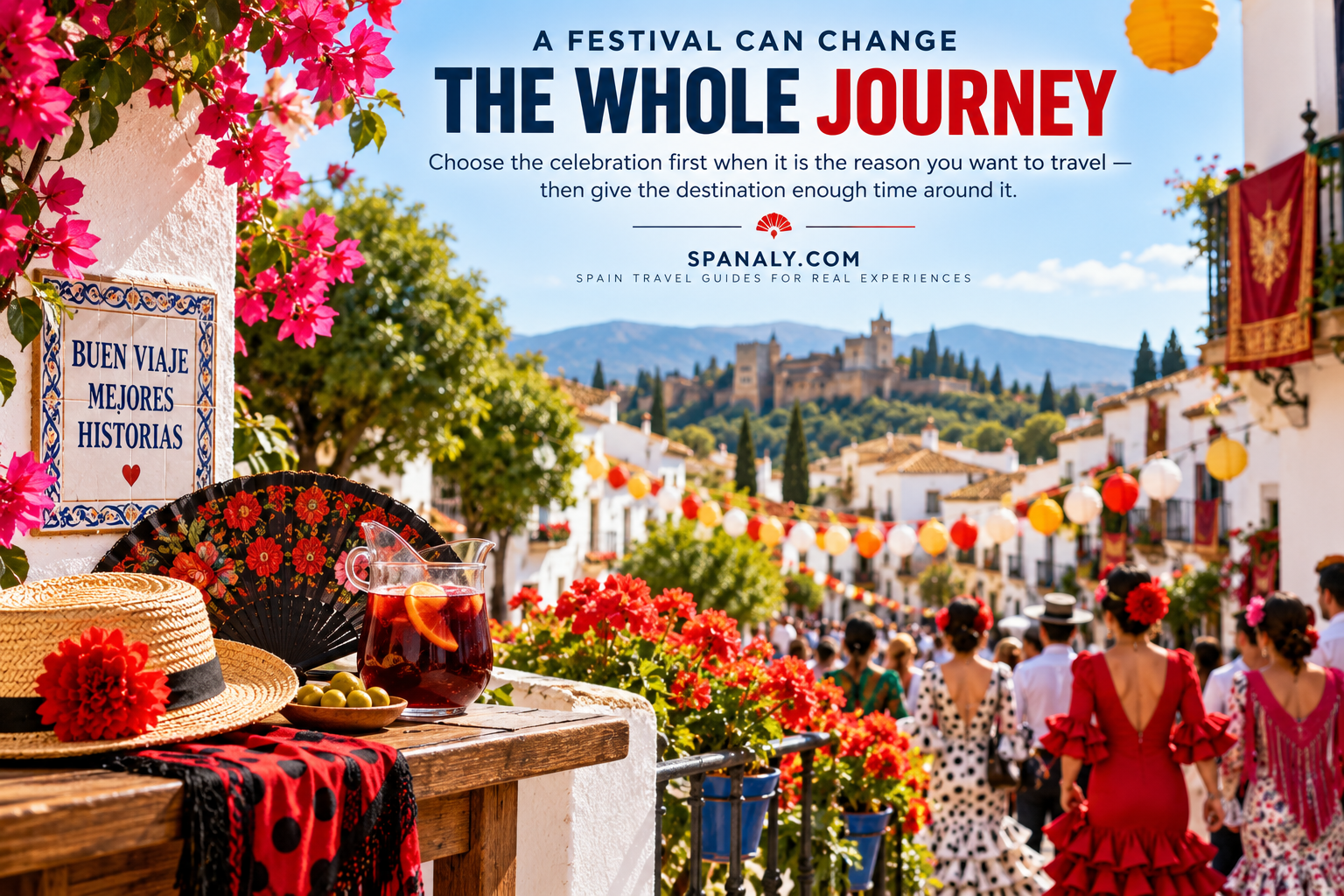 Joyful Spanish street festival with colourful decorations, traditional atmosphere and local crowds