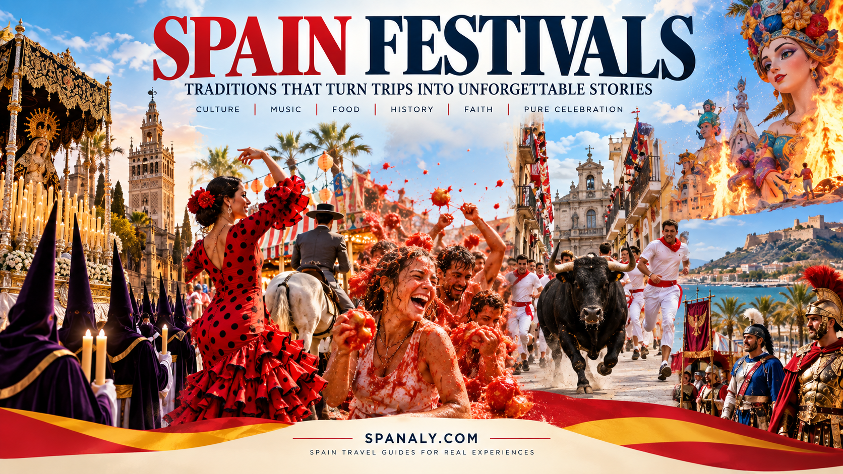 Colourful Spanish festival celebration with traditional costumes, crowds, decorations and historic architecture