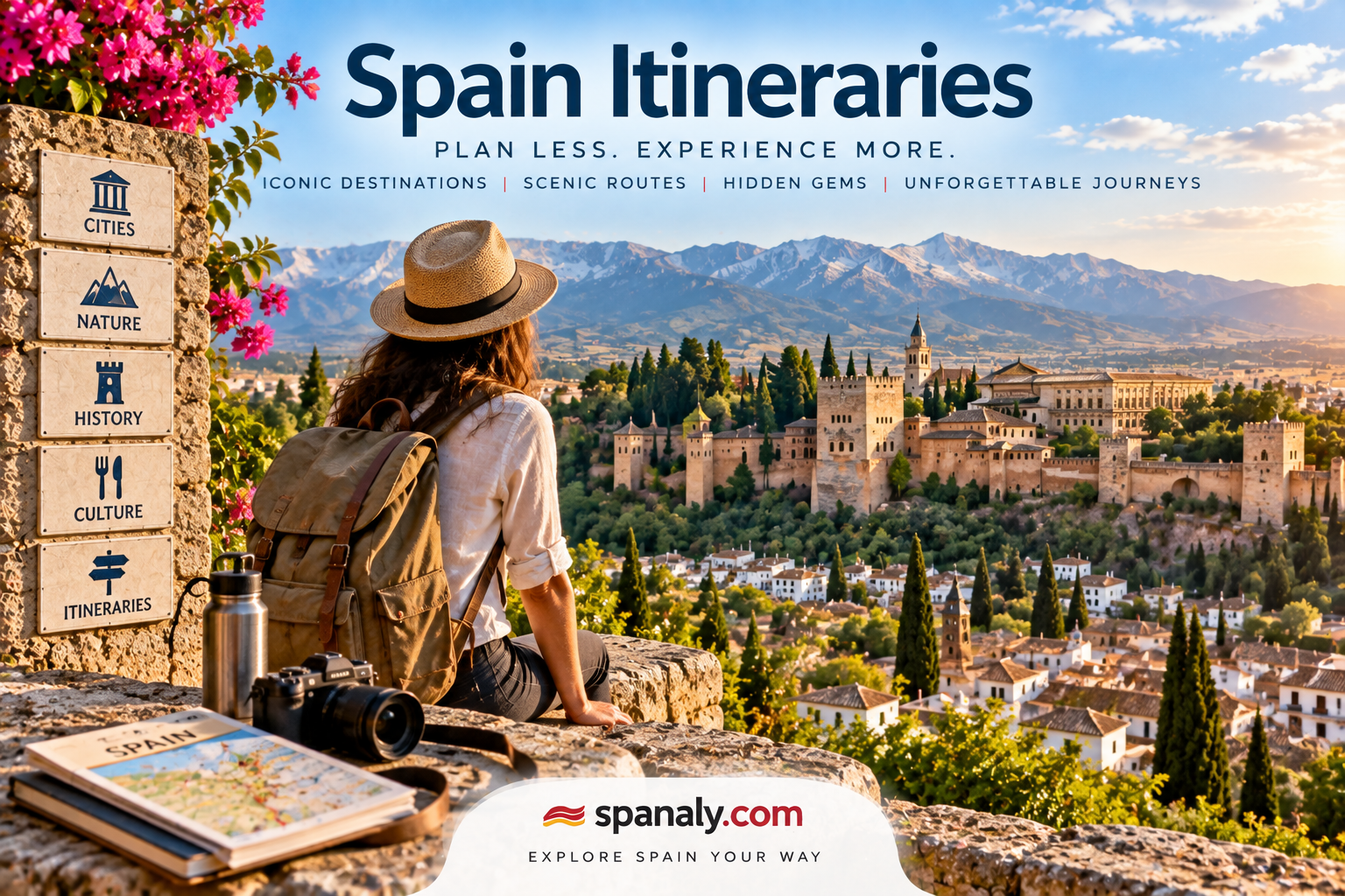 Traveler overlooking a historic Spanish city and mountain landscape representing travel itineraries and journeys across Spain