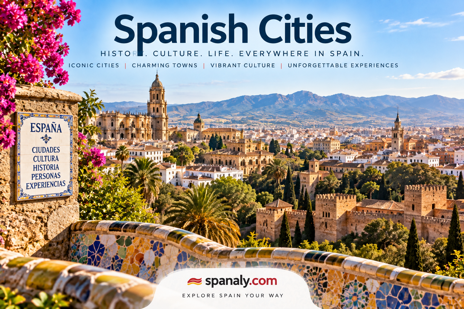Panoramic view of a historic Spanish city with traditional architecture, palm trees and mountains representing Spain’s diverse cities