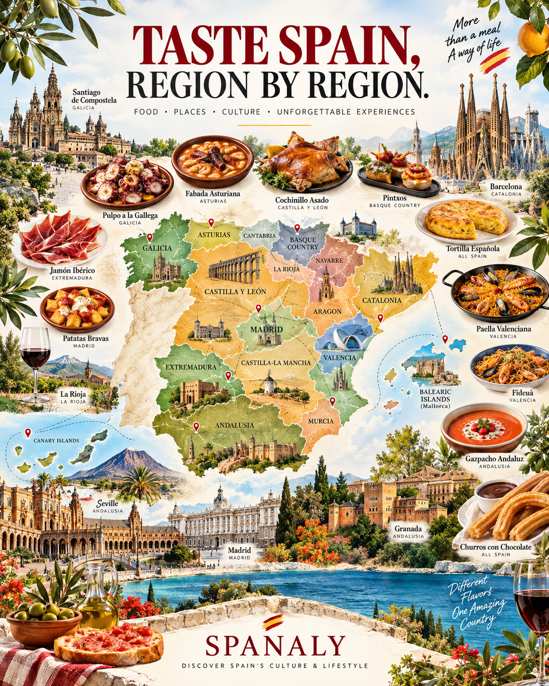 Spanish food guide celebrating Spain's regional cuisines, traditional dishes, local produce, wine and shared dining culture