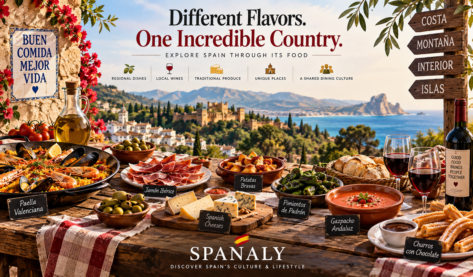 Spanish regional food table showing contrasting dishes, ingredients, bread, cheese and wine