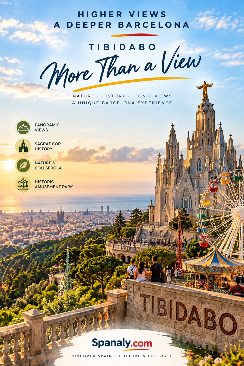 Tibidabo Barcelona with Sagrat Cor, panoramic views and the historic amusement park