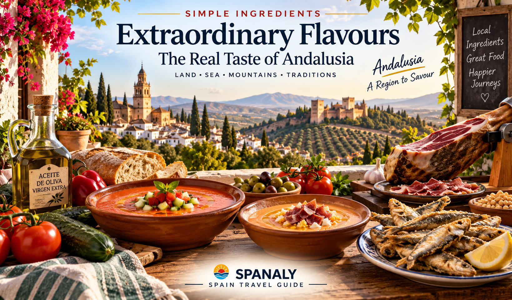 Andalusian market ingredients including produce, olive oil and local foods