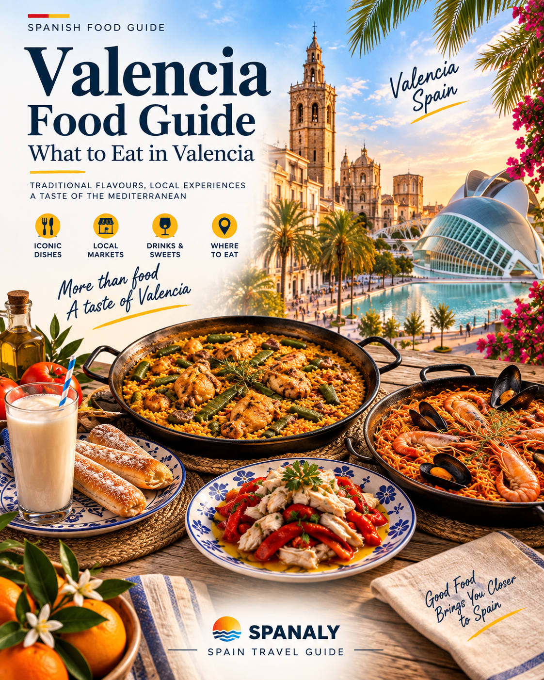 Traditional Valencian food including paella, rice dishes, seafood and horchata