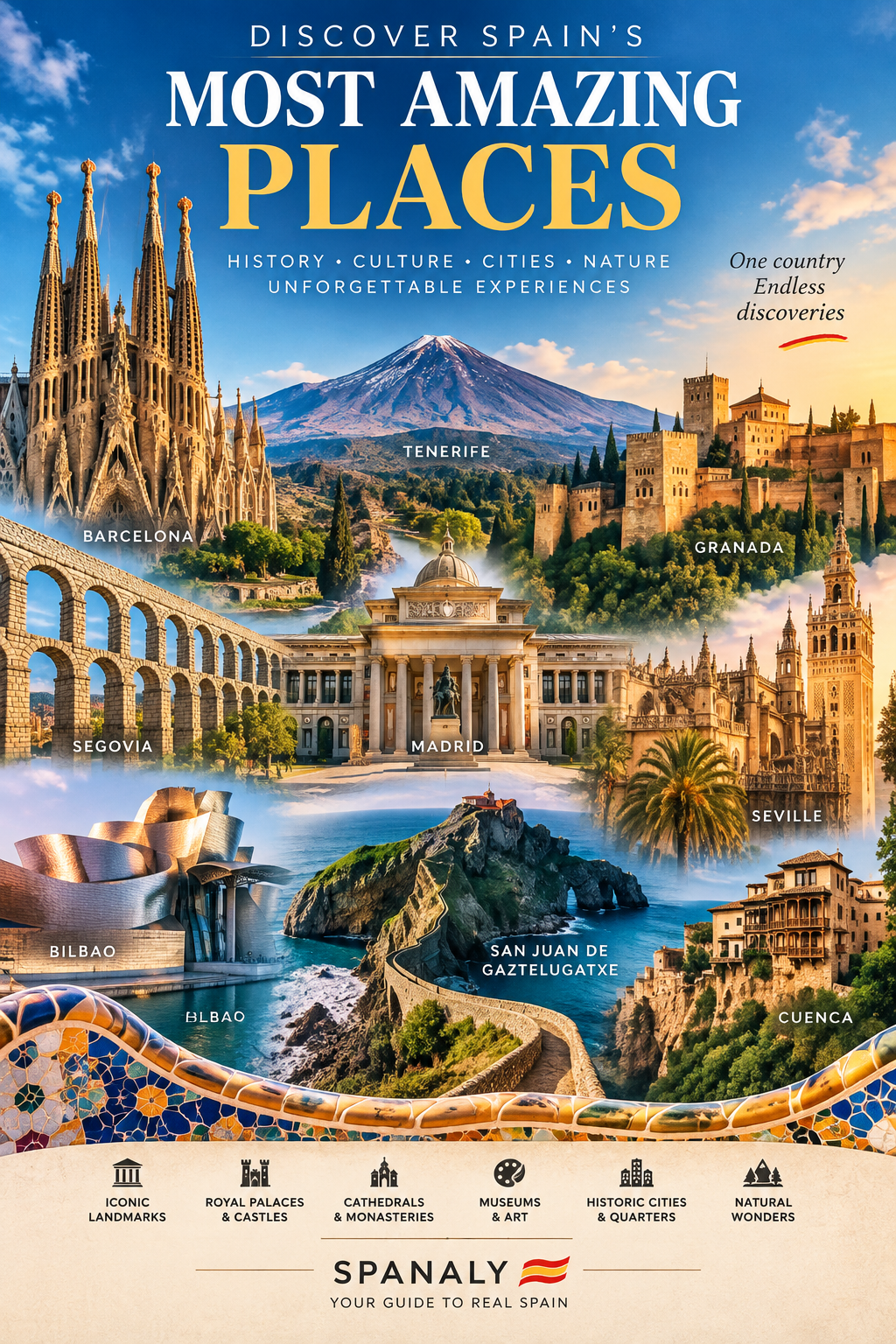A colourful collection of famous Spanish landmarks, historic architecture and landscapes representing the best attractions in Spain