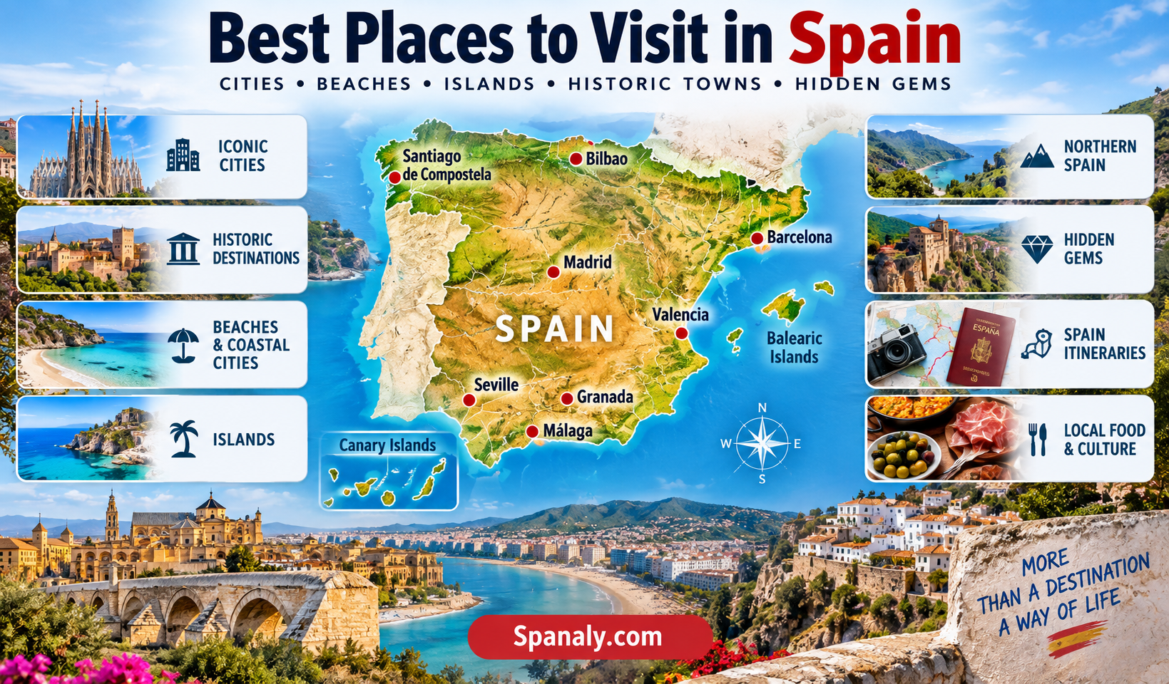 Best places to visit in Spain map featuring top cities, beaches, islands and travel destinations