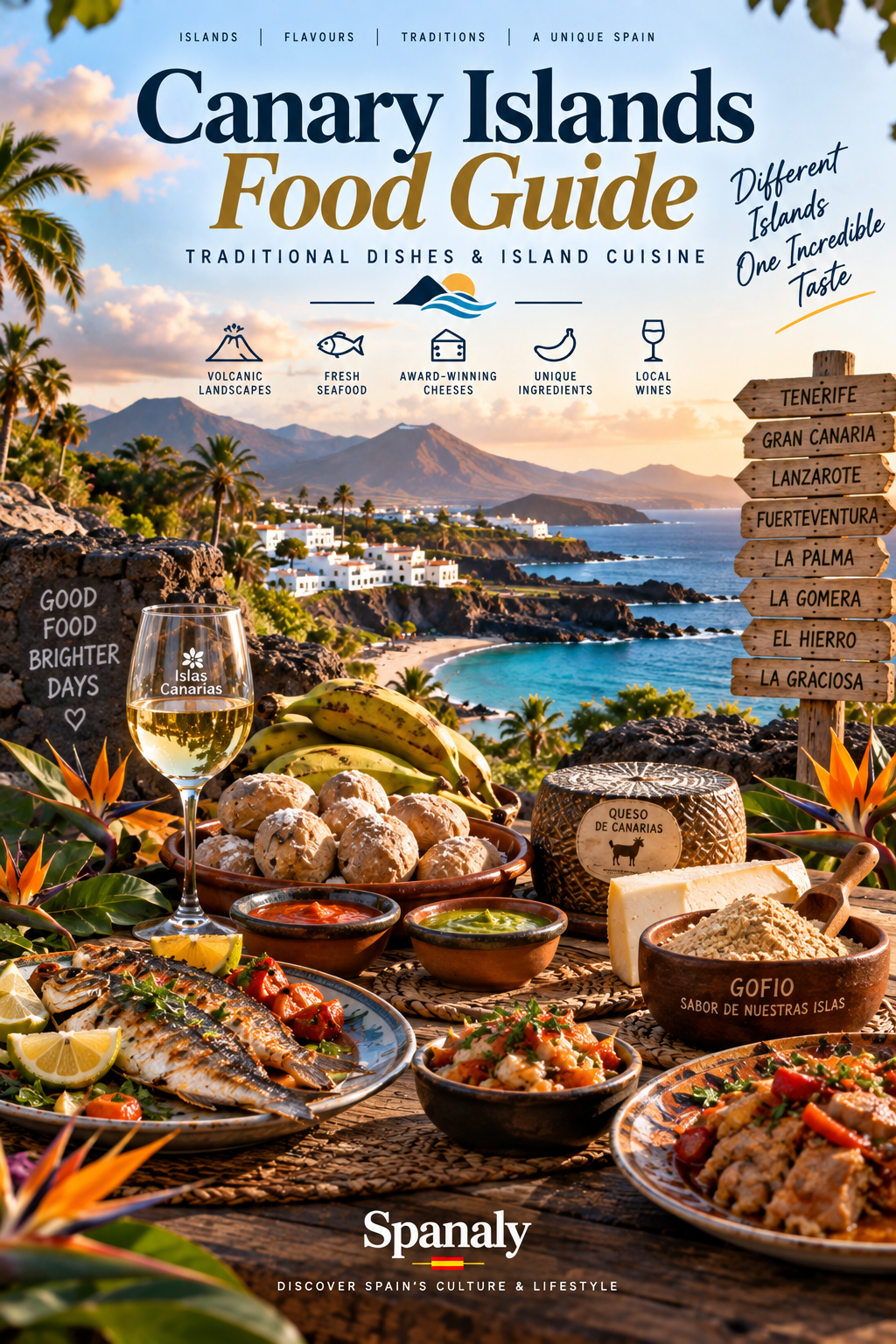 Canary Islands food guide featuring papas arrugadas, mojo, gofio, local cheese, seafood and island landscapes