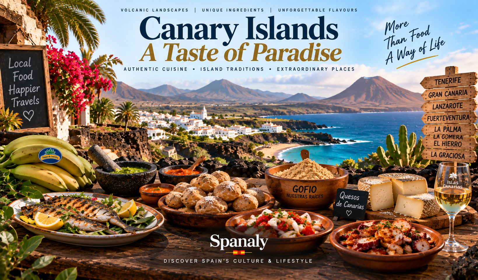 Canary Islands food landscape with volcanic scenery, papas arrugadas, mojo, gofio, local cheese and Atlantic fish