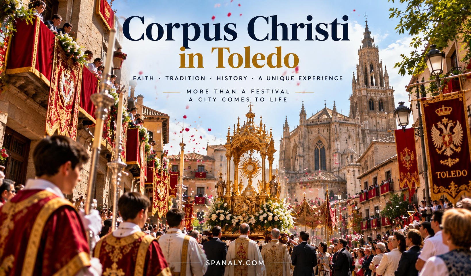 Corpus Christi procession in Toledo with the Cathedral, religious banners, crowds and the Custodia de Arfe