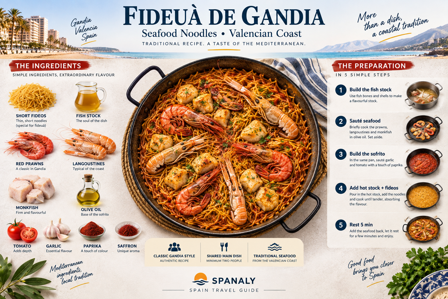 Fideuà de Gandia infographic showing traditional ingredients and five preparation steps