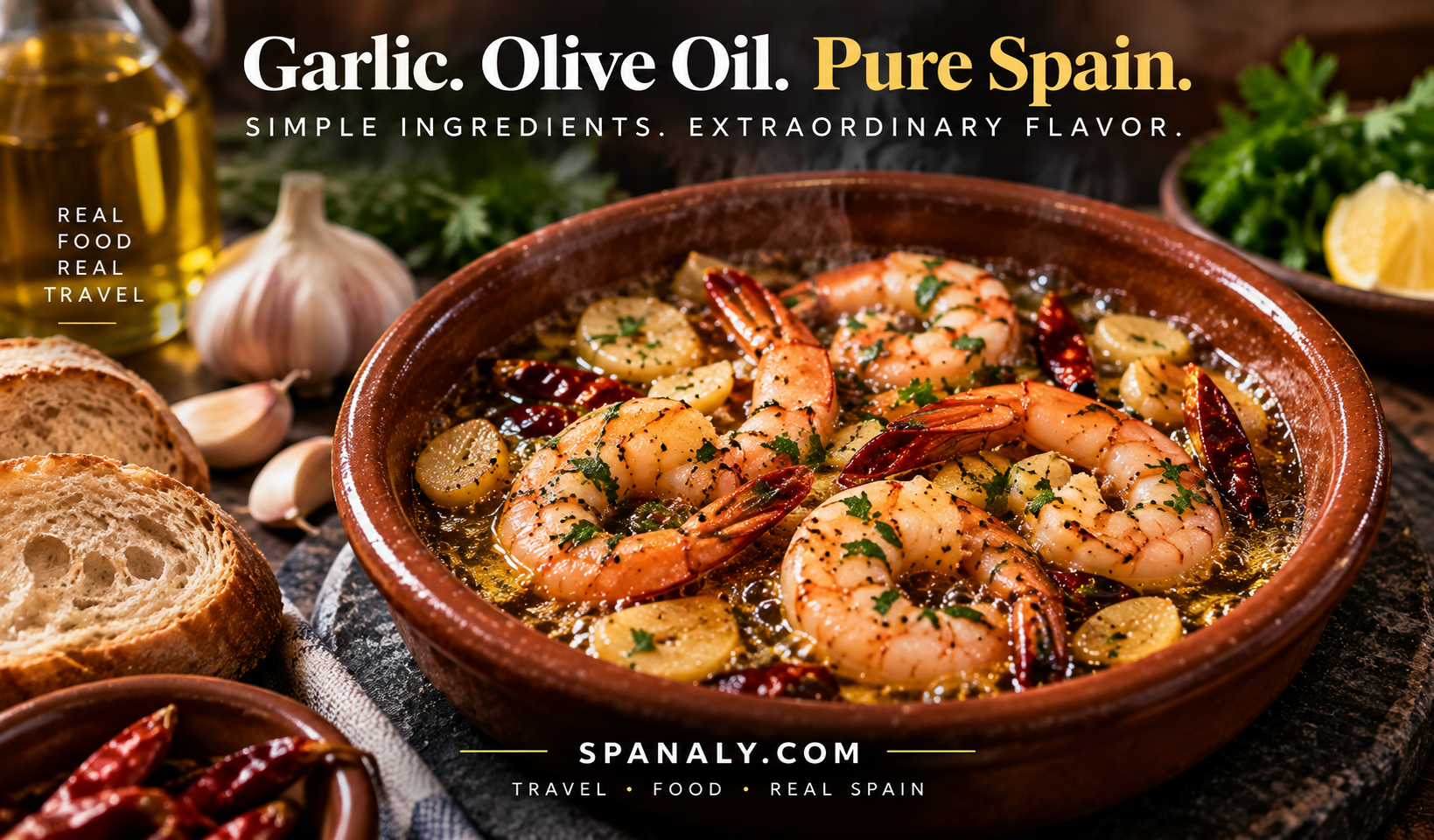 Close-up of Spanish garlic shrimp sizzling in olive oil with sliced garlic and chilli