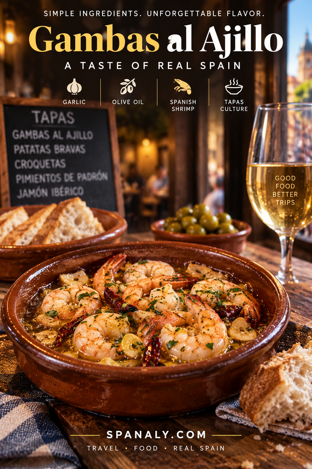 Spanish Gambas al Ajillo served hot in a traditional clay dish with garlic olive oil and bread