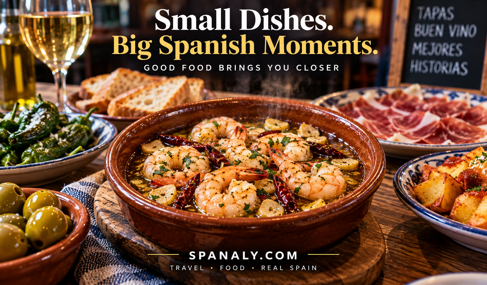 Gambas al Ajillo served with bread and fresh Spanish tapas as part of a shared meal