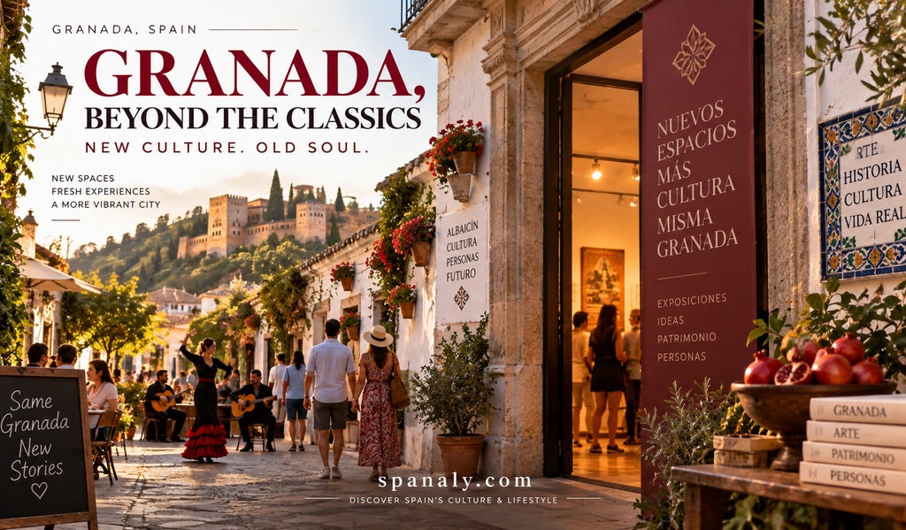 Granada street scene with flamenco, cafés, historic architecture and a cultural exhibition space
