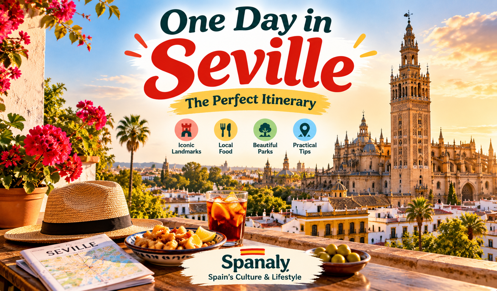 Seville Cathedral and the Giralda above the city at golden hour, with a rooftop table and local tapas