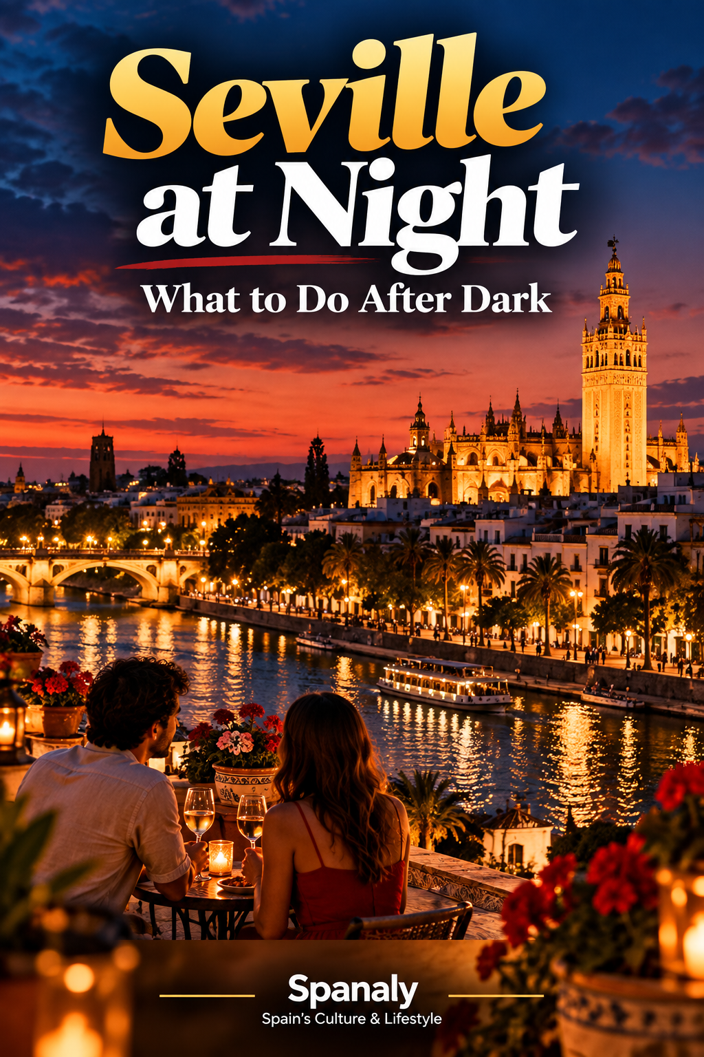 Seville at dusk, with warmly lit historic buildings and evening streets