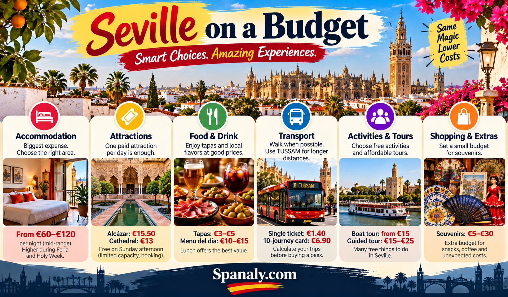 Visitors walking through a sunny Seville plaza surrounded by historic architecture