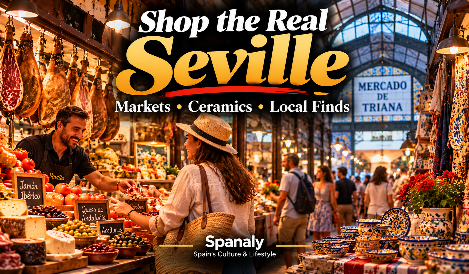 Hand-painted ceramic plates and decorative tiles in a Triana artisan shop