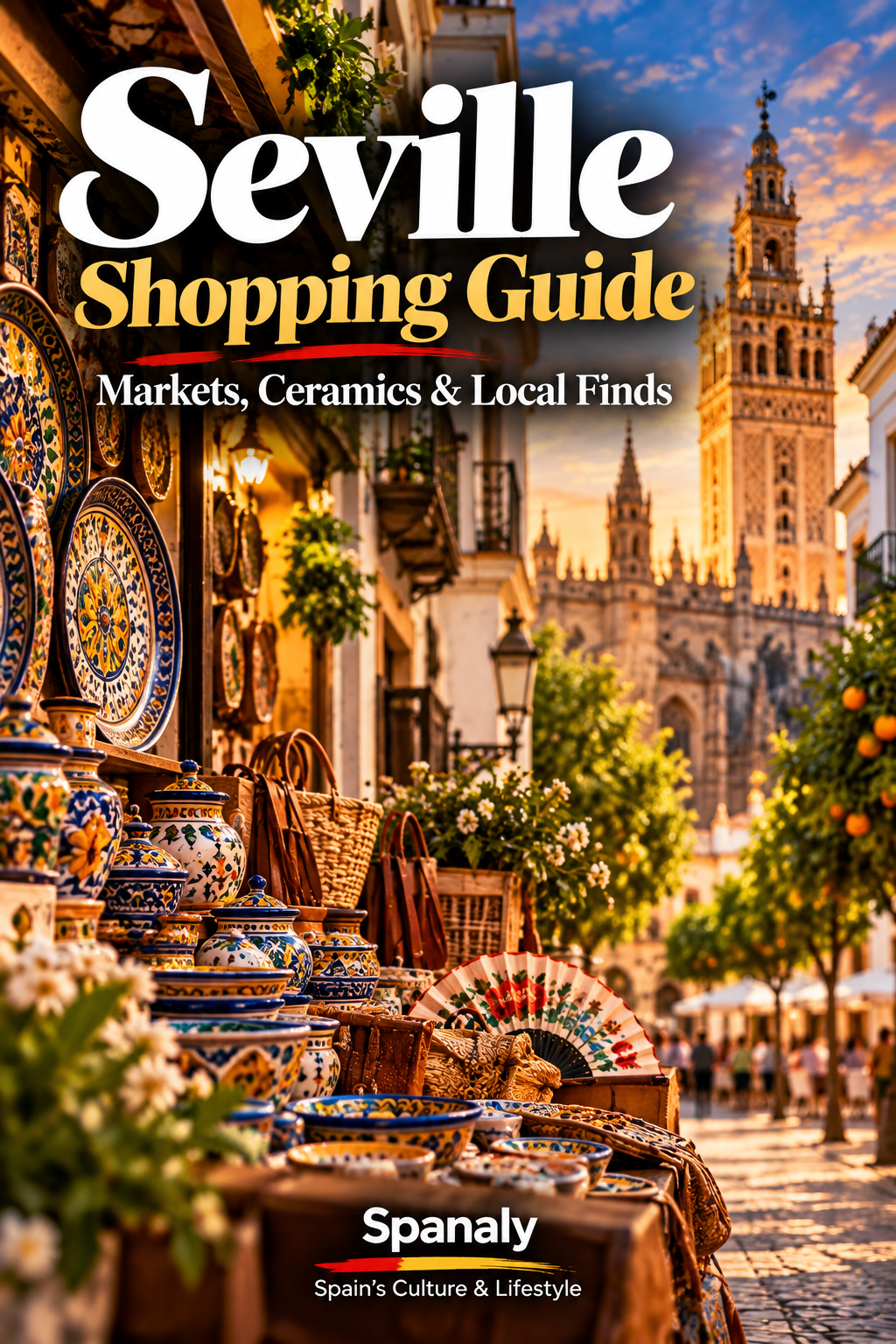 Traditional Seville ceramics and local crafts displayed in a Spanish shop