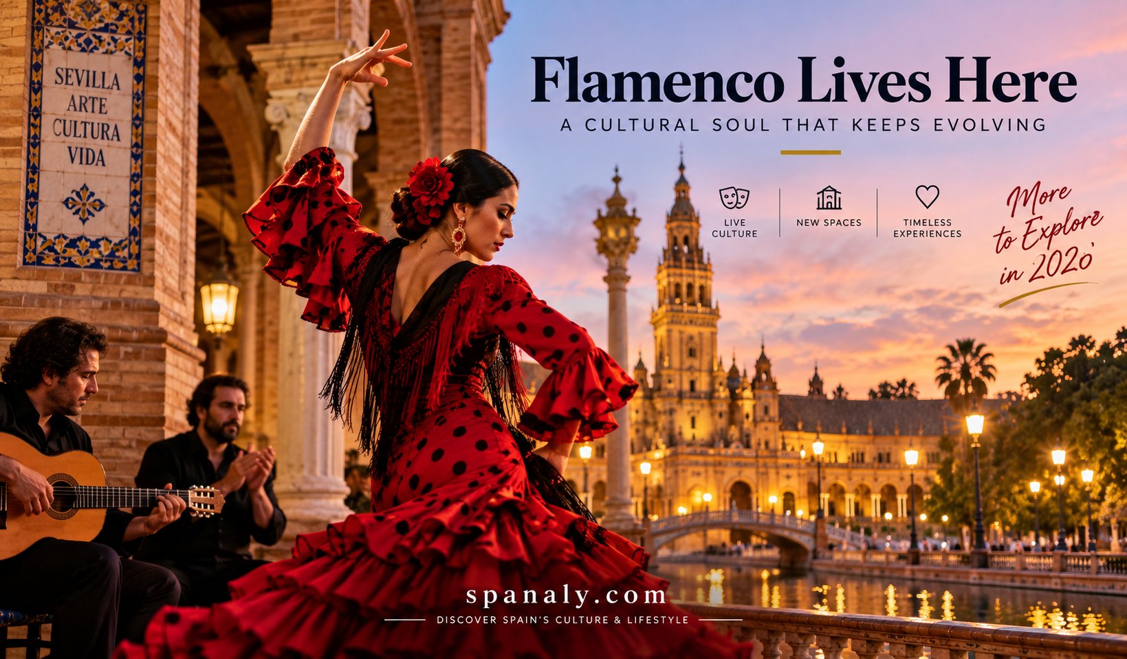 Flamenco performance and Seville cultural architecture, representing the city's new cultural layer in 2026