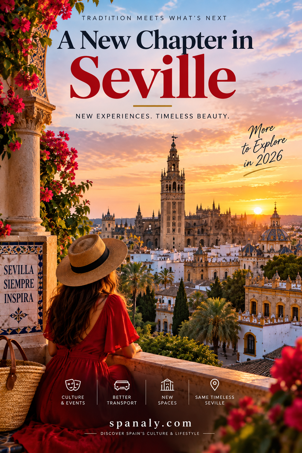 Seville skyline and historic centre at golden hour, representing new cultural experiences and city changes