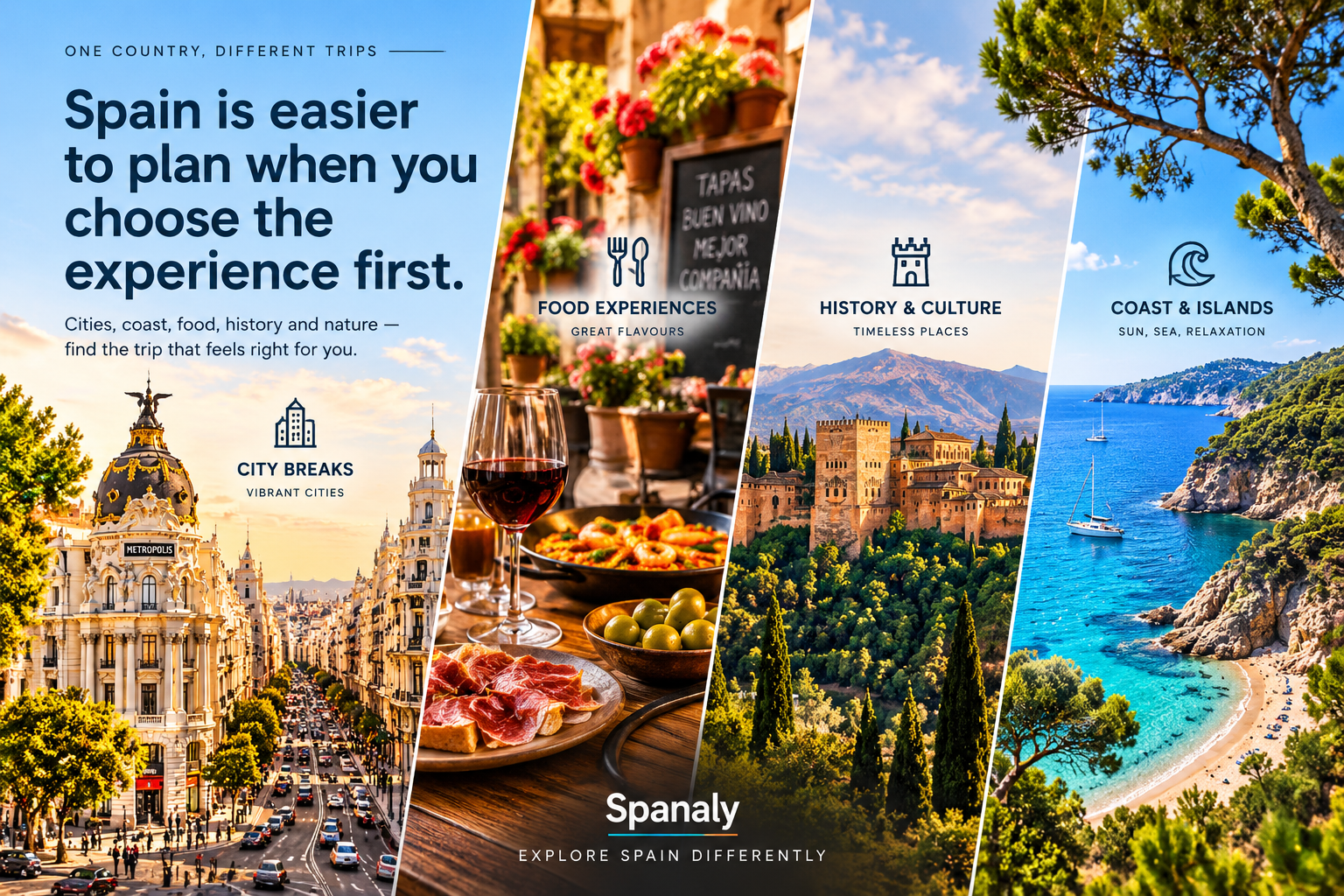 Illustrated Spain travel scene representing different city trip styles